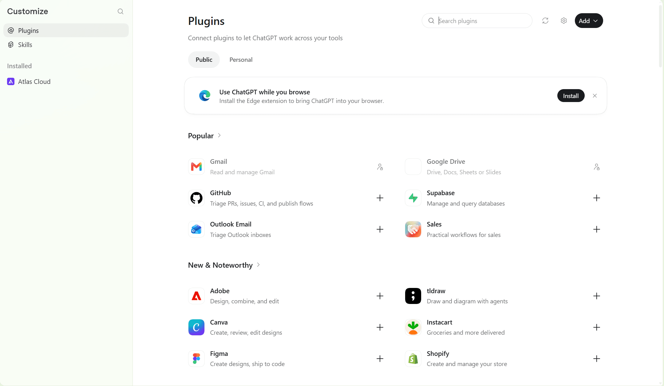 Plugins page in the ChatGPT desktop app showing the Popular and New and Noteworthy sections with GitHub, Supabase, Figma and other Codex plugins, and Atlas Cloud under Installed