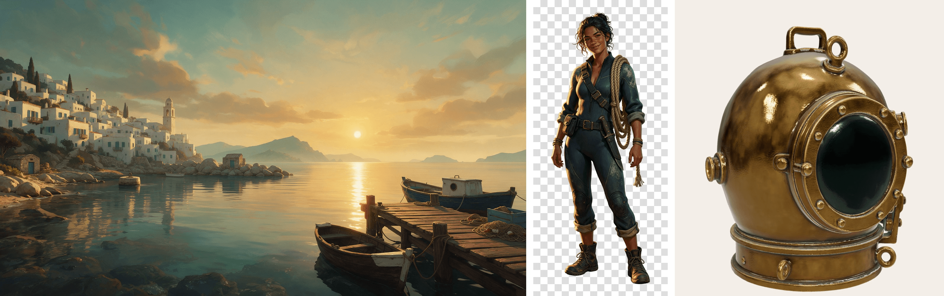 Three game assets generated through the Atlas Cloud plugin in Codex: a painted Mediterranean harbor background, the salvage diver Mara cut out on a transparent background, and a textured brass diving helmet rendered from its GLB file