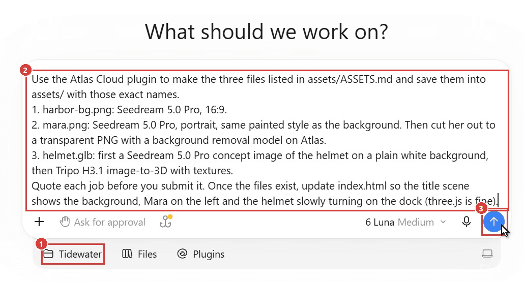 Codex composer in the ChatGPT desktop app with the Tidewater project selected, a request asking the Atlas Cloud plugin for three game assets typed in, and the cursor on the send button