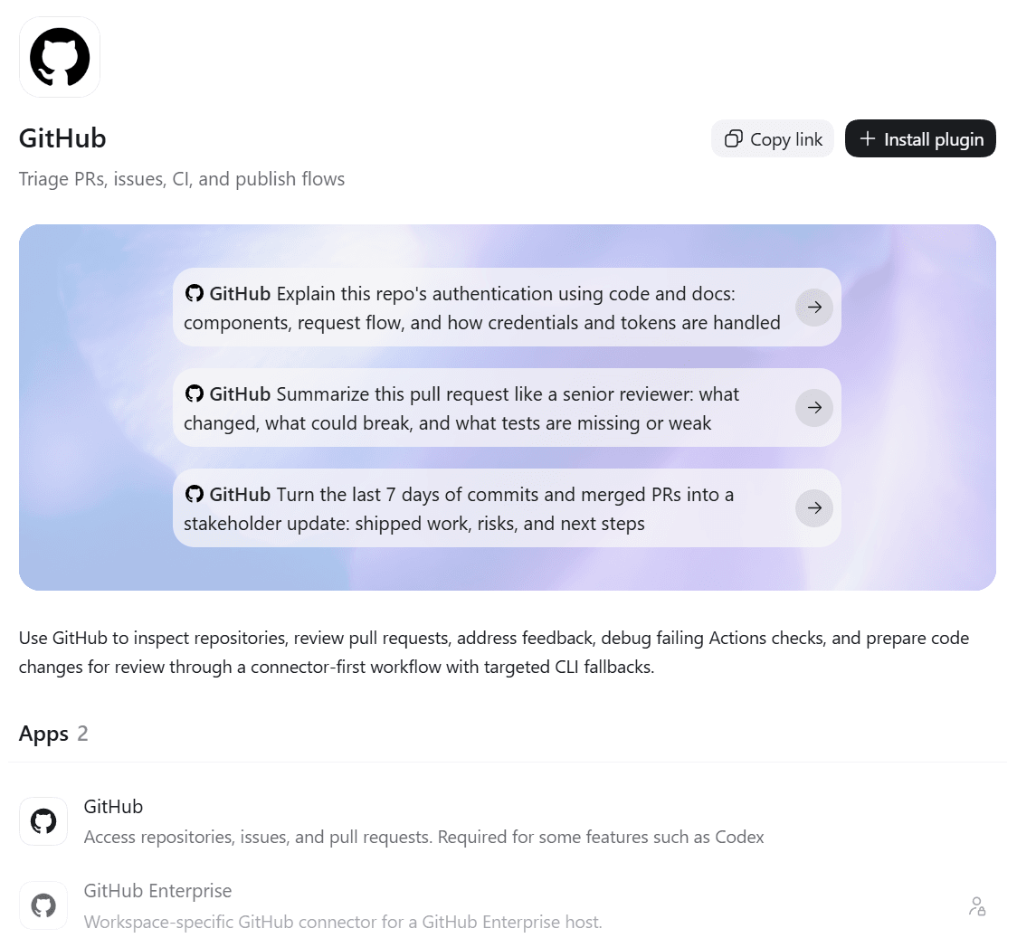 GitHub plugin listing in the ChatGPT Plugins Directory showing three sample prompts, its description and the GitHub and GitHub Enterprise apps