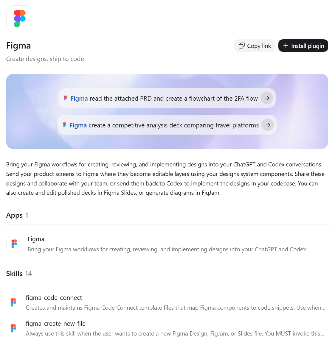 Figma plugin listing in the ChatGPT Plugins Directory with sample prompts, a description of design-to-code workflows and its first bundled skills