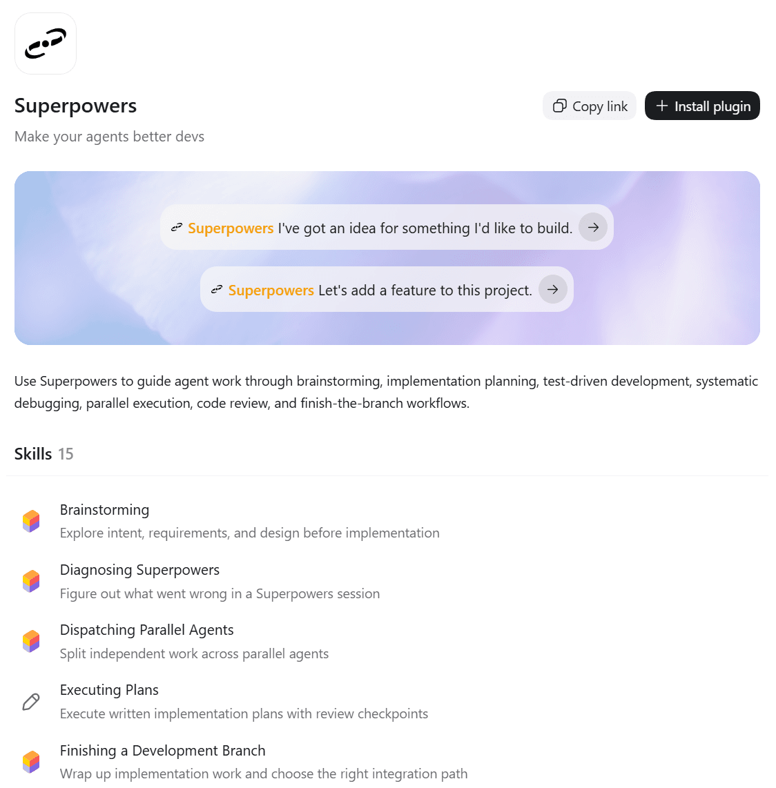Superpowers plugin listing in the ChatGPT Plugins Directory showing two sample prompts, its description and the first five of its 15 skills