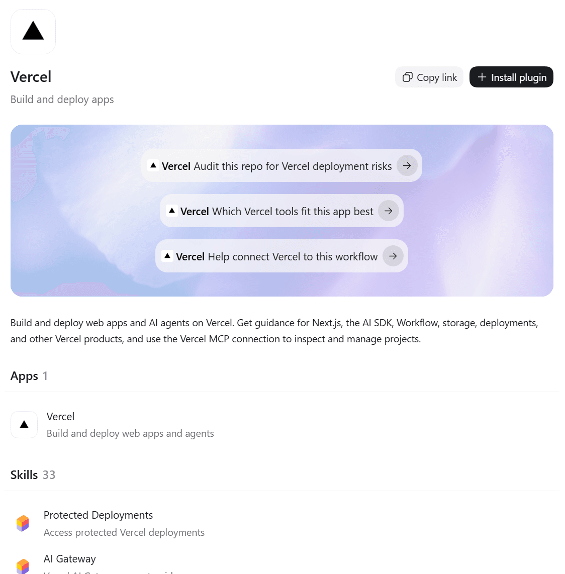Vercel plugin listing in the ChatGPT Plugins Directory showing three sample prompts, the Vercel app and the first of its 33 bundled skills