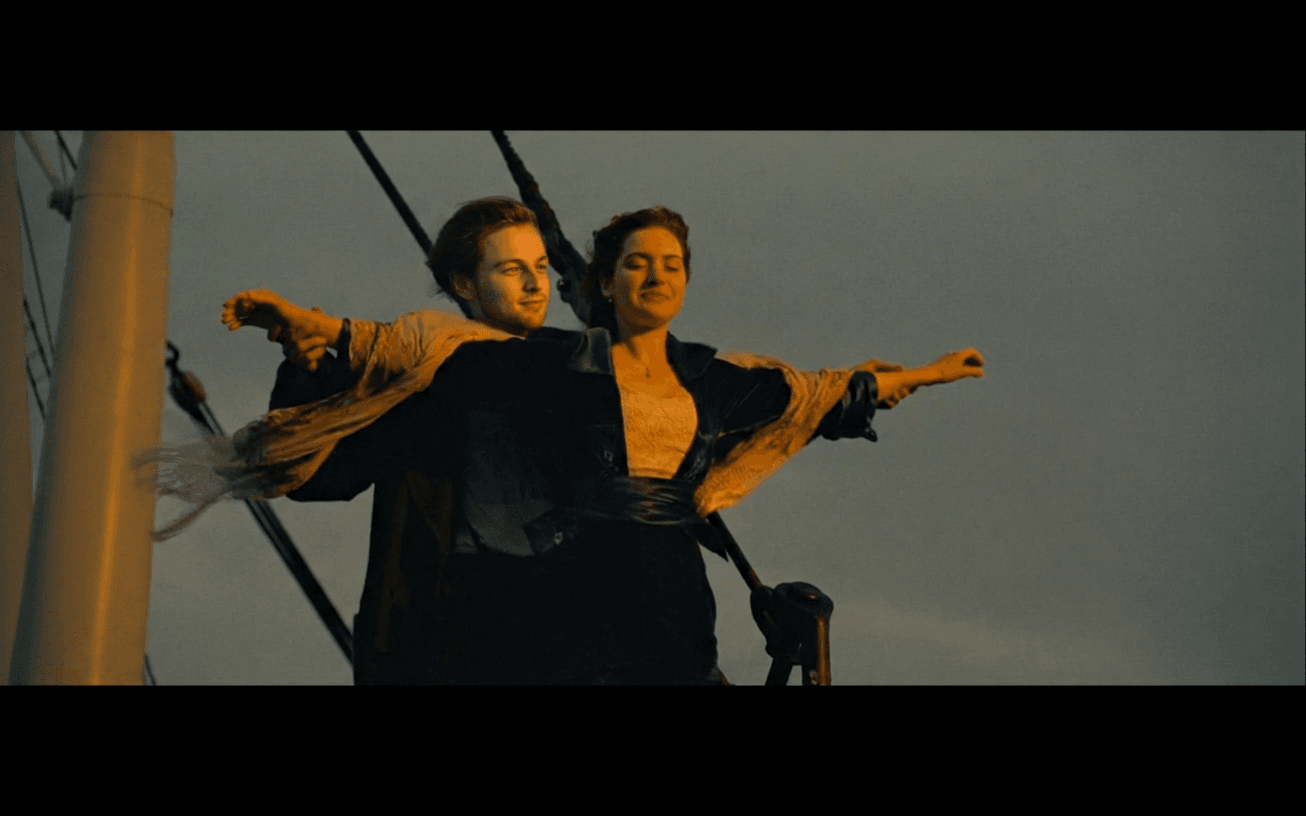 Jack and Rose on the bow of the Titanic at sunset