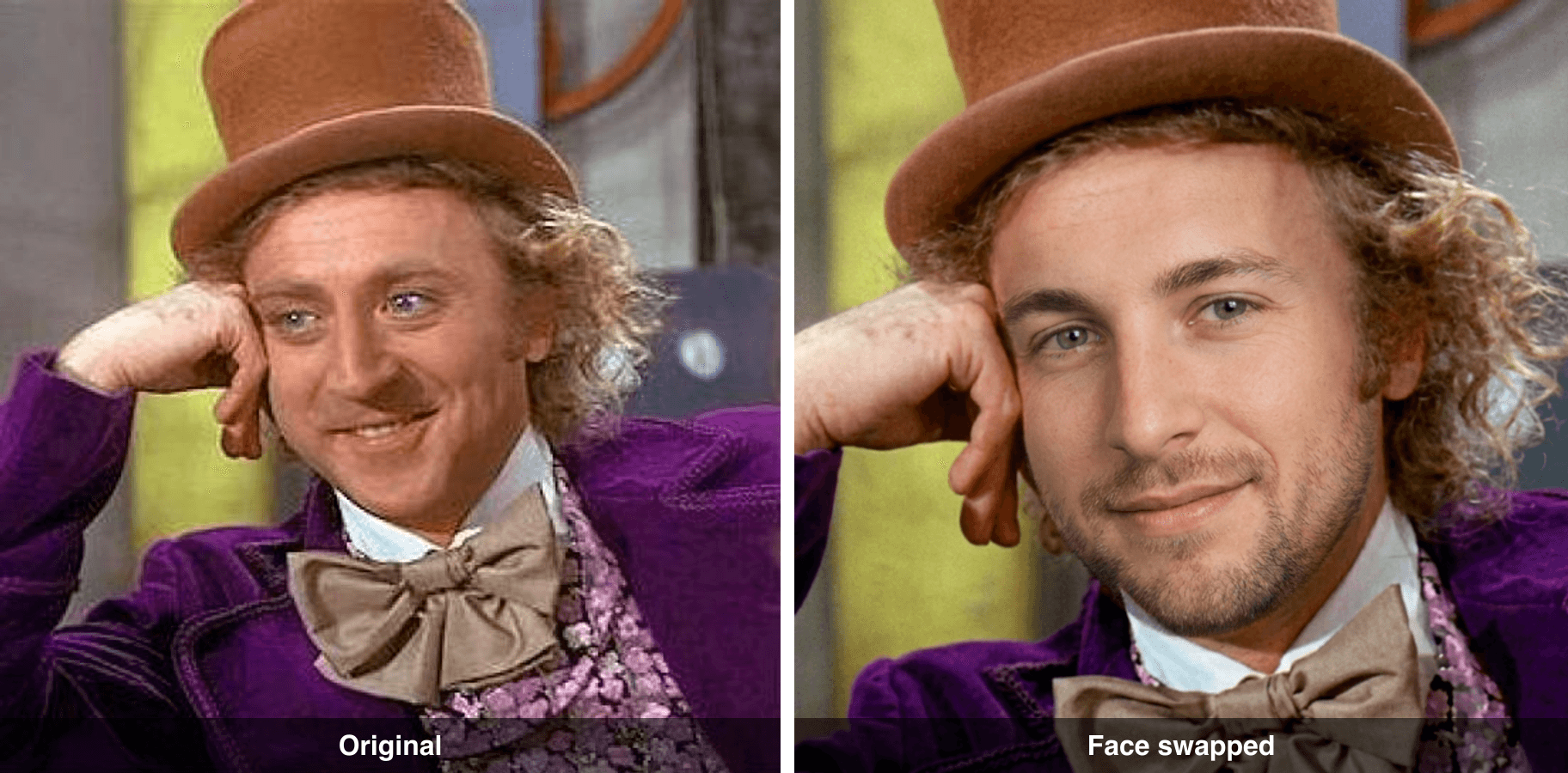 Side-by-side comparison of original Willy Wonka and face-swapped version