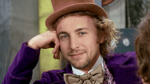Willy Wonka leaning on his hand with a condescending smirk