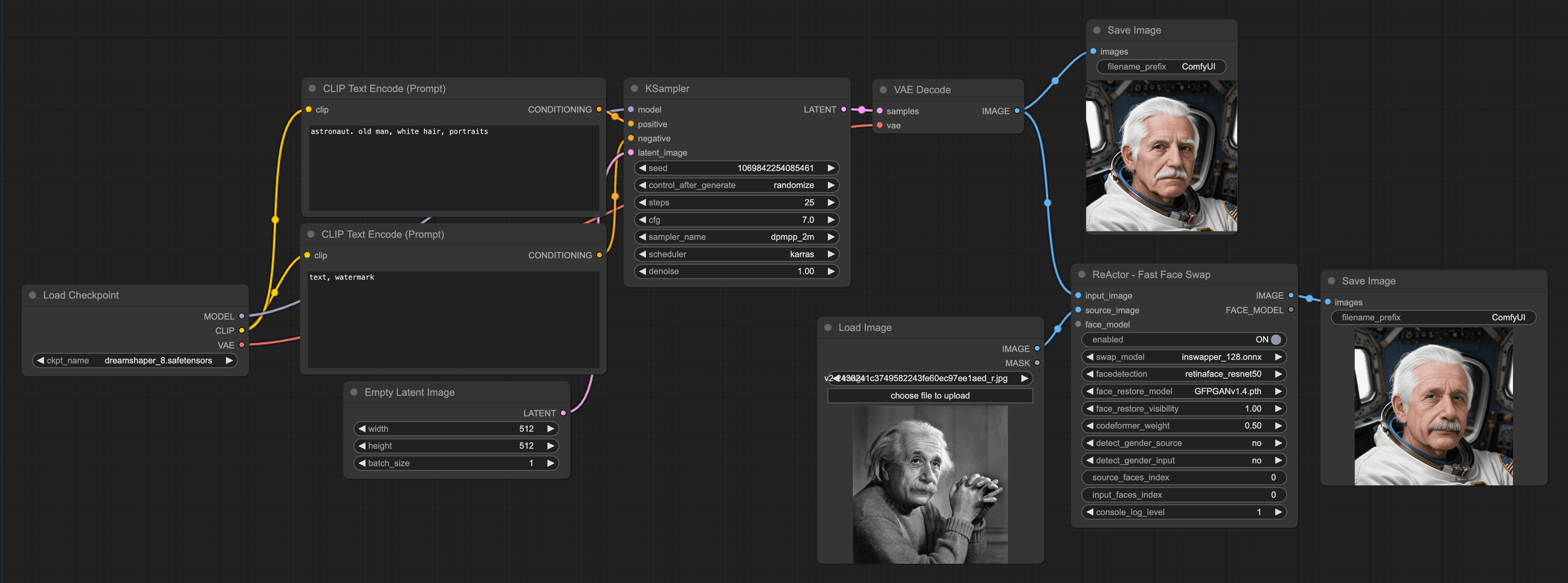ComfyUI node graph swapping Albert Einstein's face onto an astronaut image