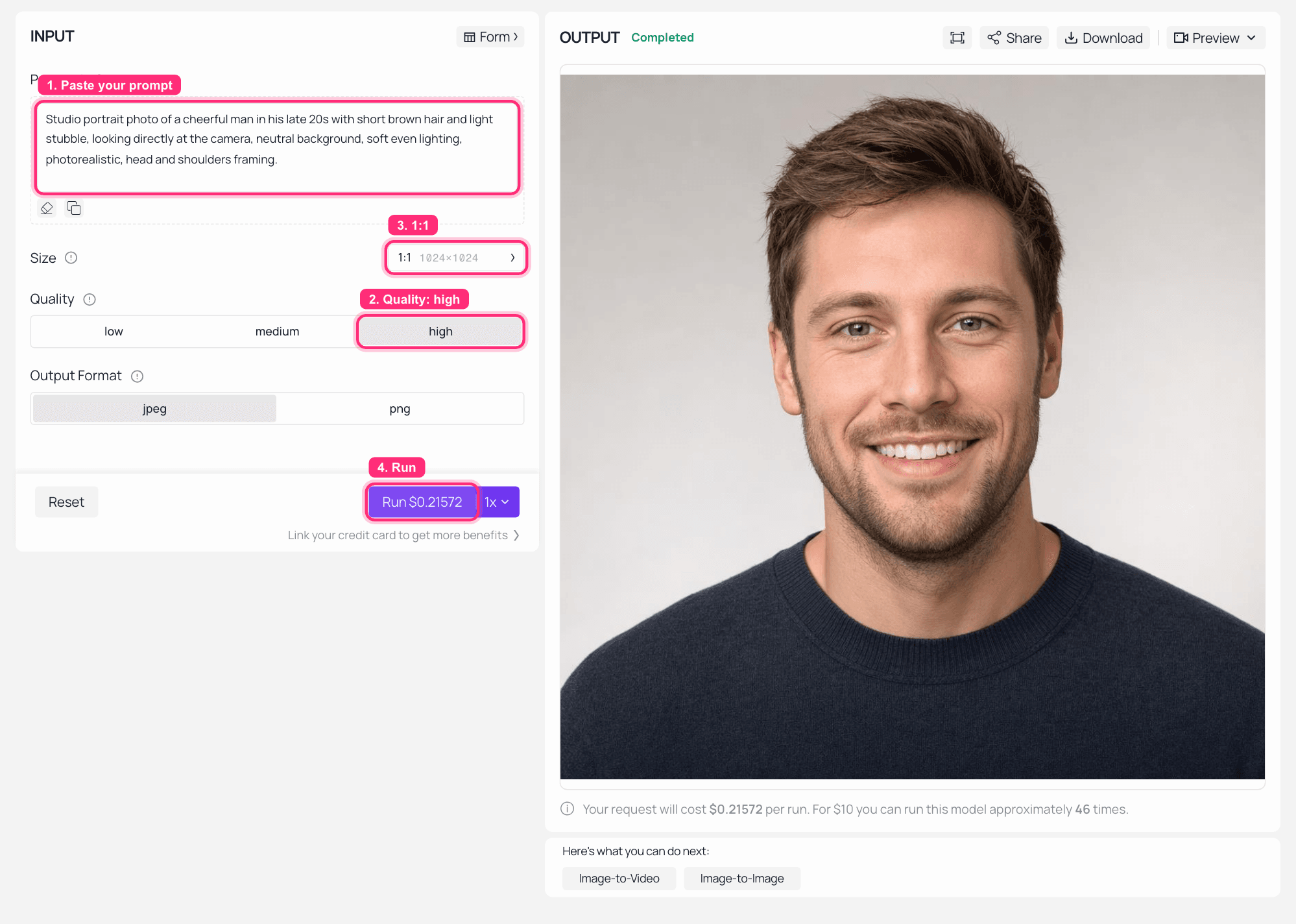 AI image generator interface showing text prompt and generated portrait