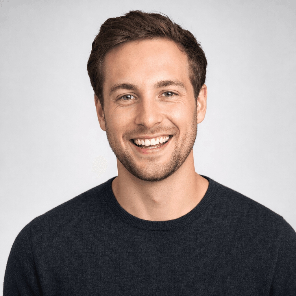 Smiling man with brown hair and stubble wearing a dark sweater