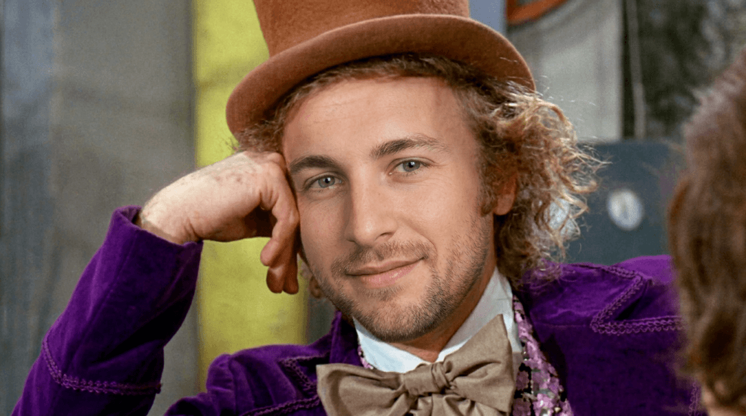 Ryan Gosling photoshopped onto the classic Willy Wonka meme pose
