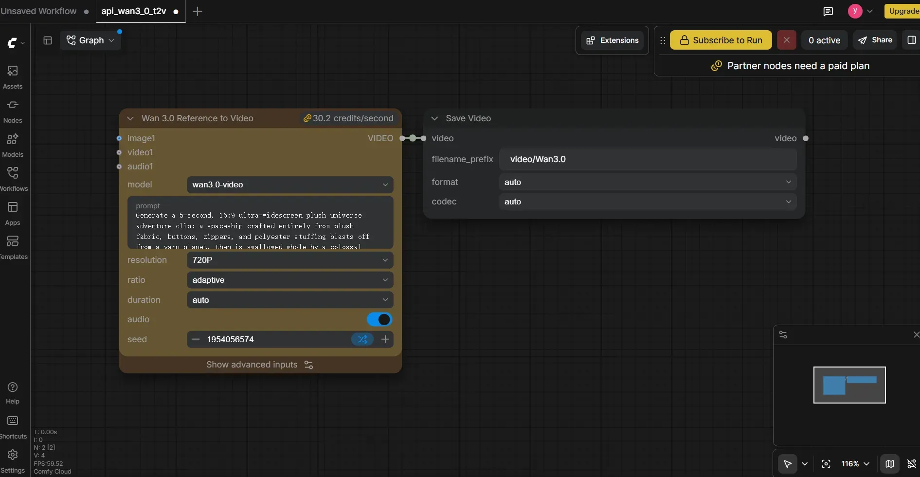 ComfyUI Wan 3.0 Reference to Video partner node connected to a Save Video node for cloud inference