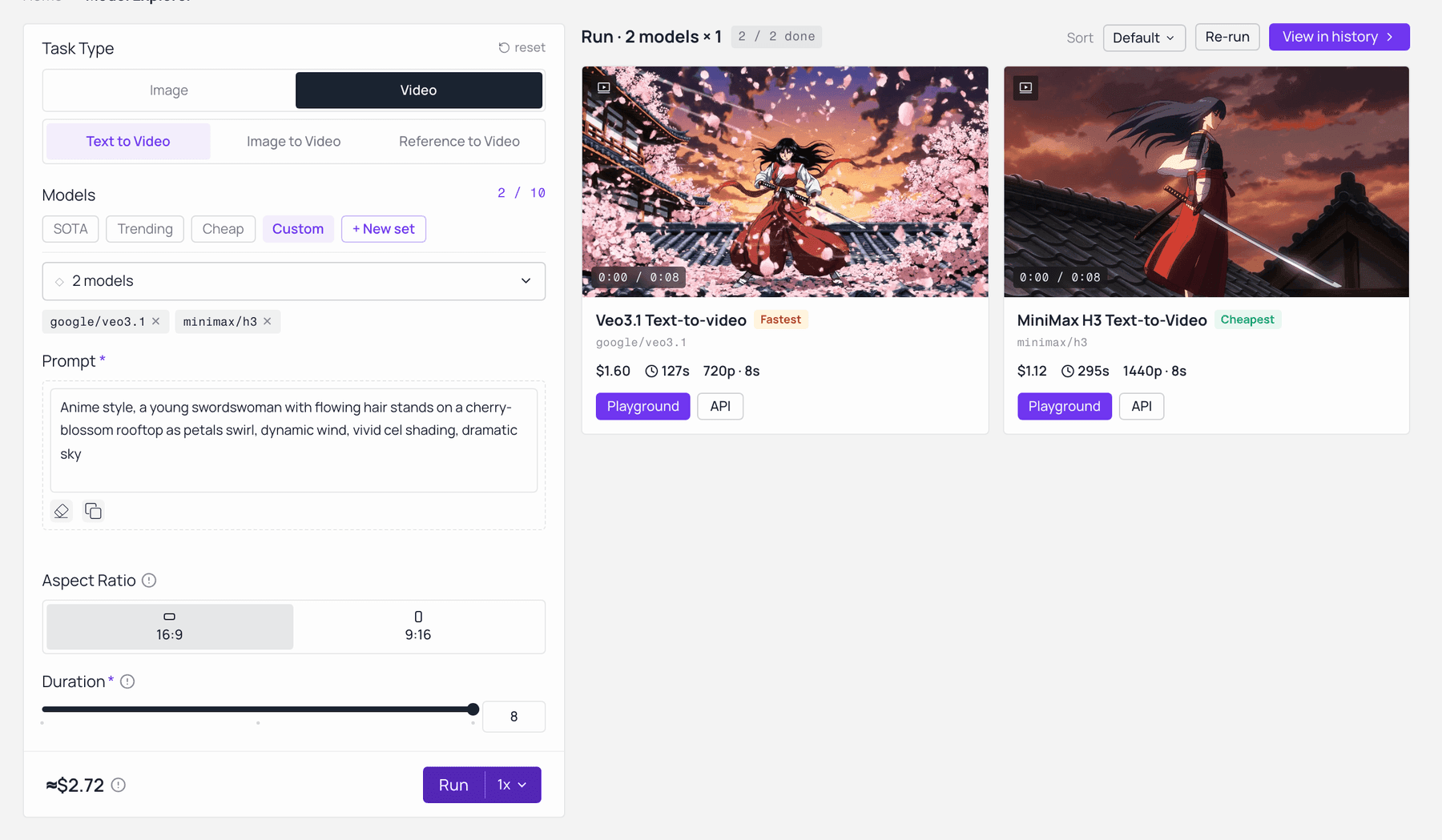 MiniMax H3 and Veo 3.1 on the same anime prompt in Atlas Cloud’s model comparison — same settings, price shown before you generate. Captured live on the model-explorer