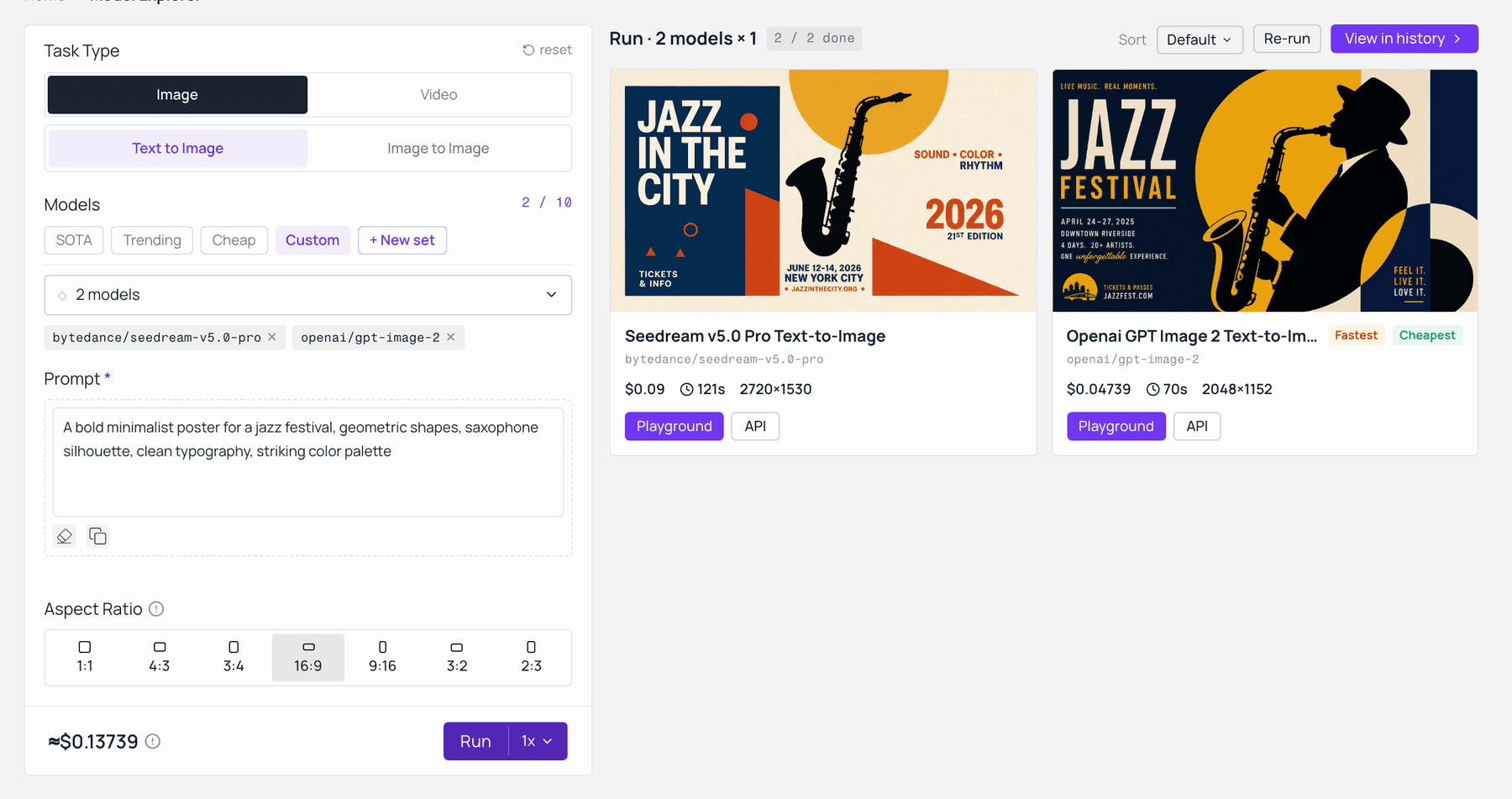 Seedream 5.0 Pro en GPT Image 2 met dezelfde prompt in Atlas Cloud's modelvergelijking —zelfde prompt, prijs per afbeelding weergegeven voordat je genereert. Live vastgelegd op de model-explorer