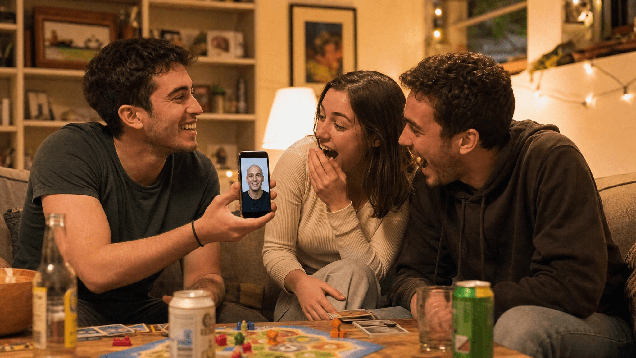 Three friends laughing together on a couch at game night, one holding up his phone to show an AI-generated bald version of his own face next to his real, full head of hair.