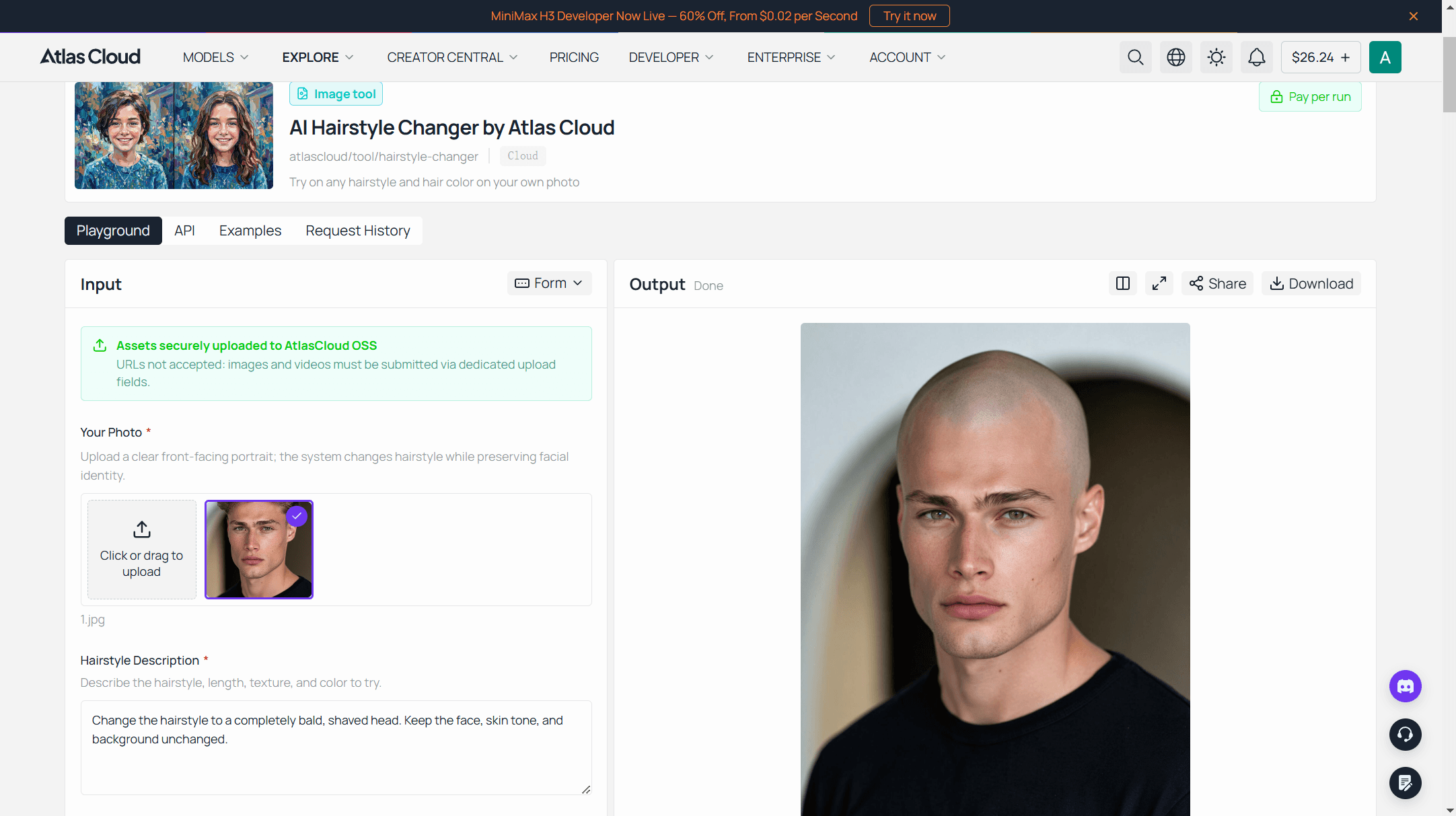 Before and after screenshot from Atlas Cloud's free AI hairstyle tool showing a real generated bald result on the same face and background.