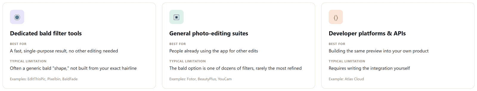 Three-card graphic comparing dedicated bald filter tools, general photo-editing suites, and developer platforms and APIs, each with its best-for use case and typical limitation.