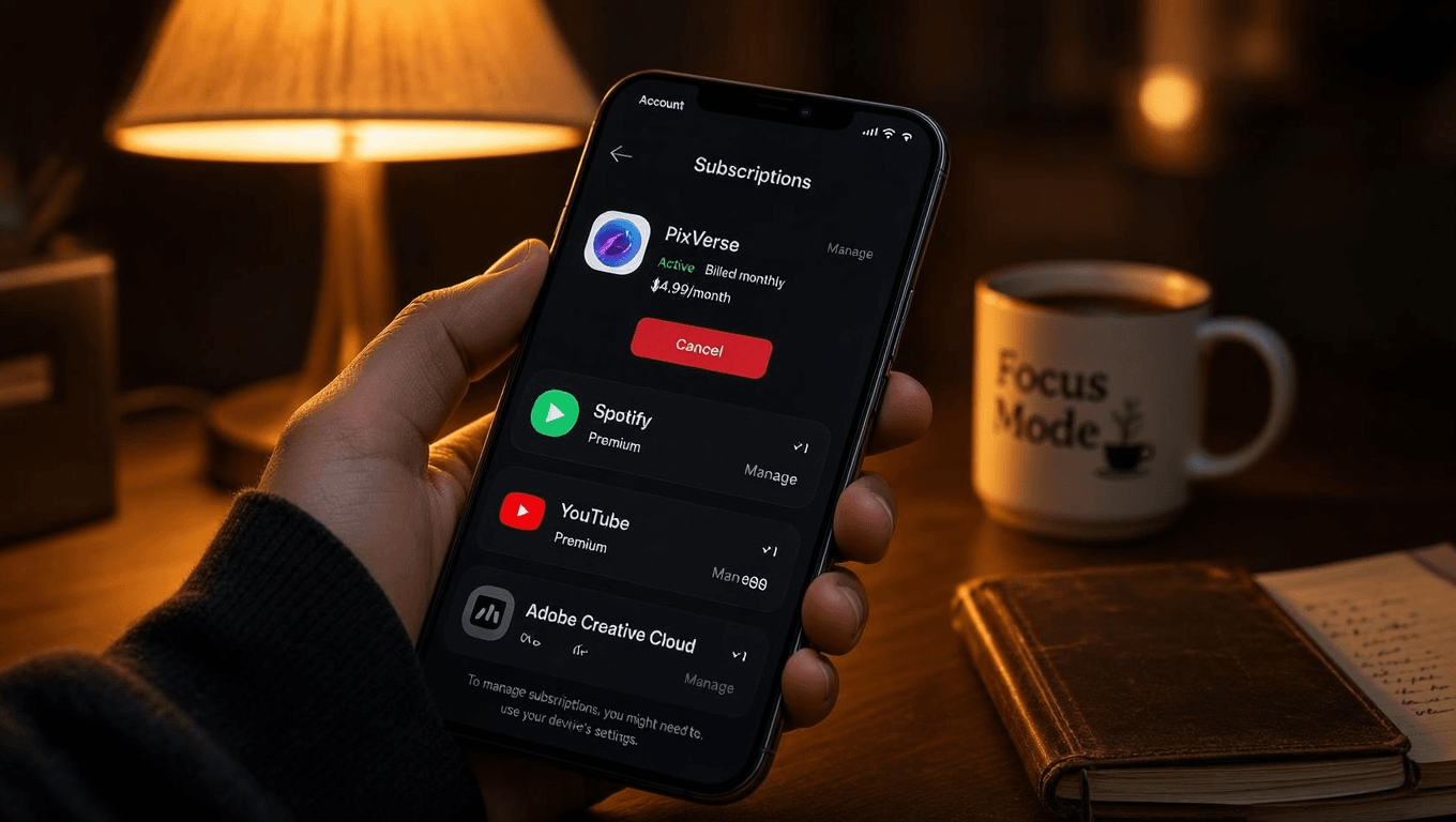 Smartphone displaying subscription management screen with highlighted cancel button for PixVerse