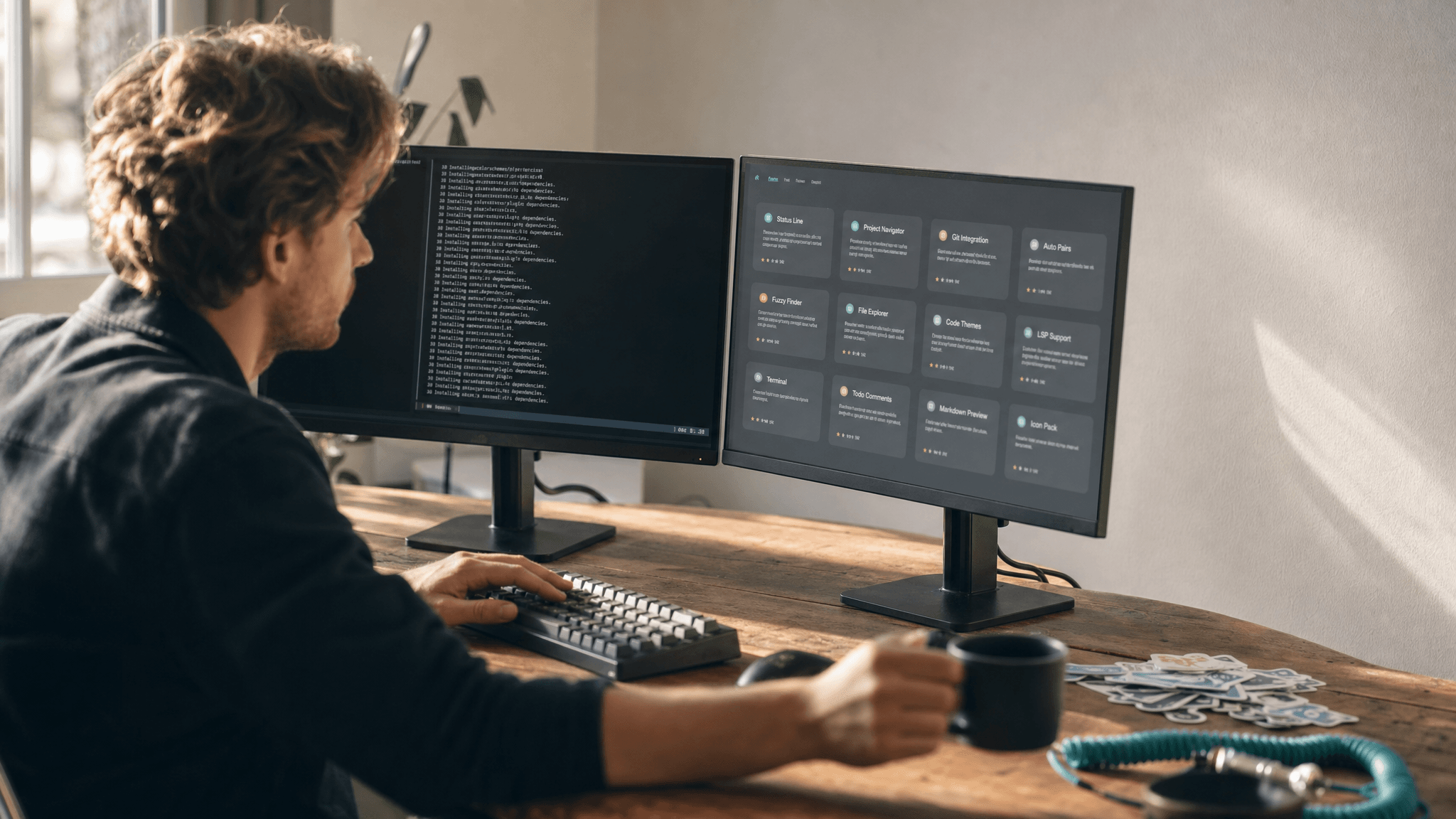 Man typing at a wooden desk with dual computer monitors