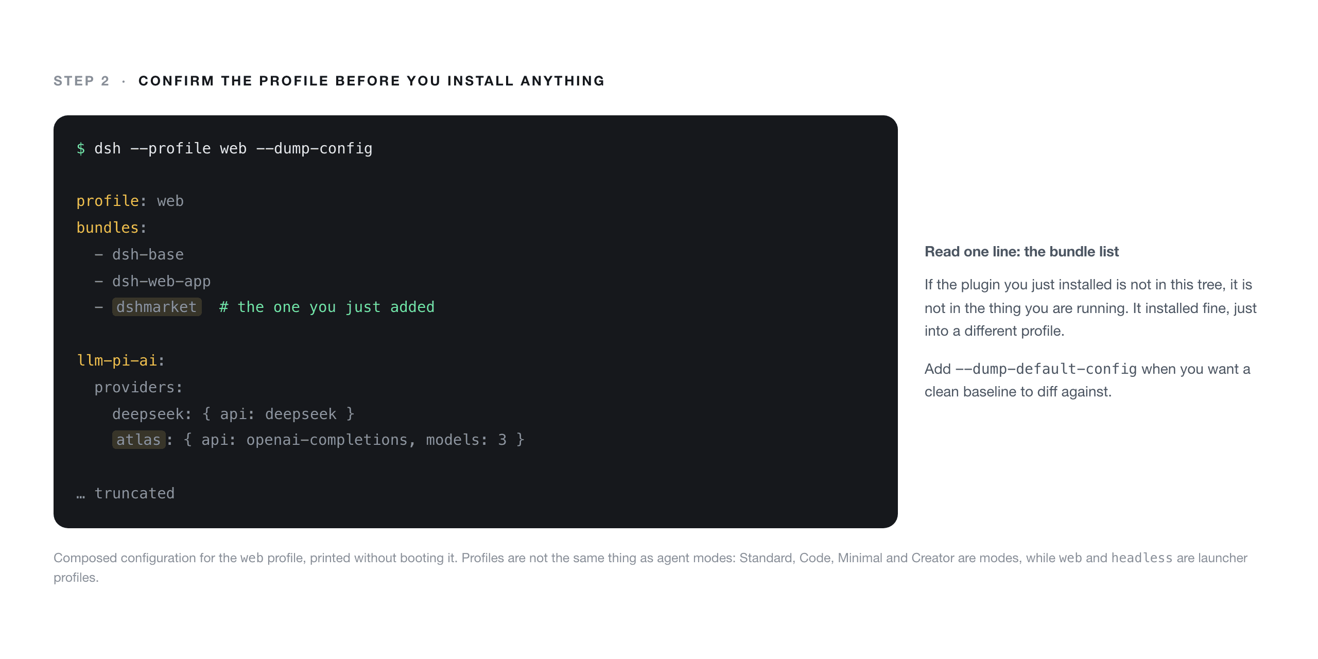 Terminal window showing configuration output for a web profile