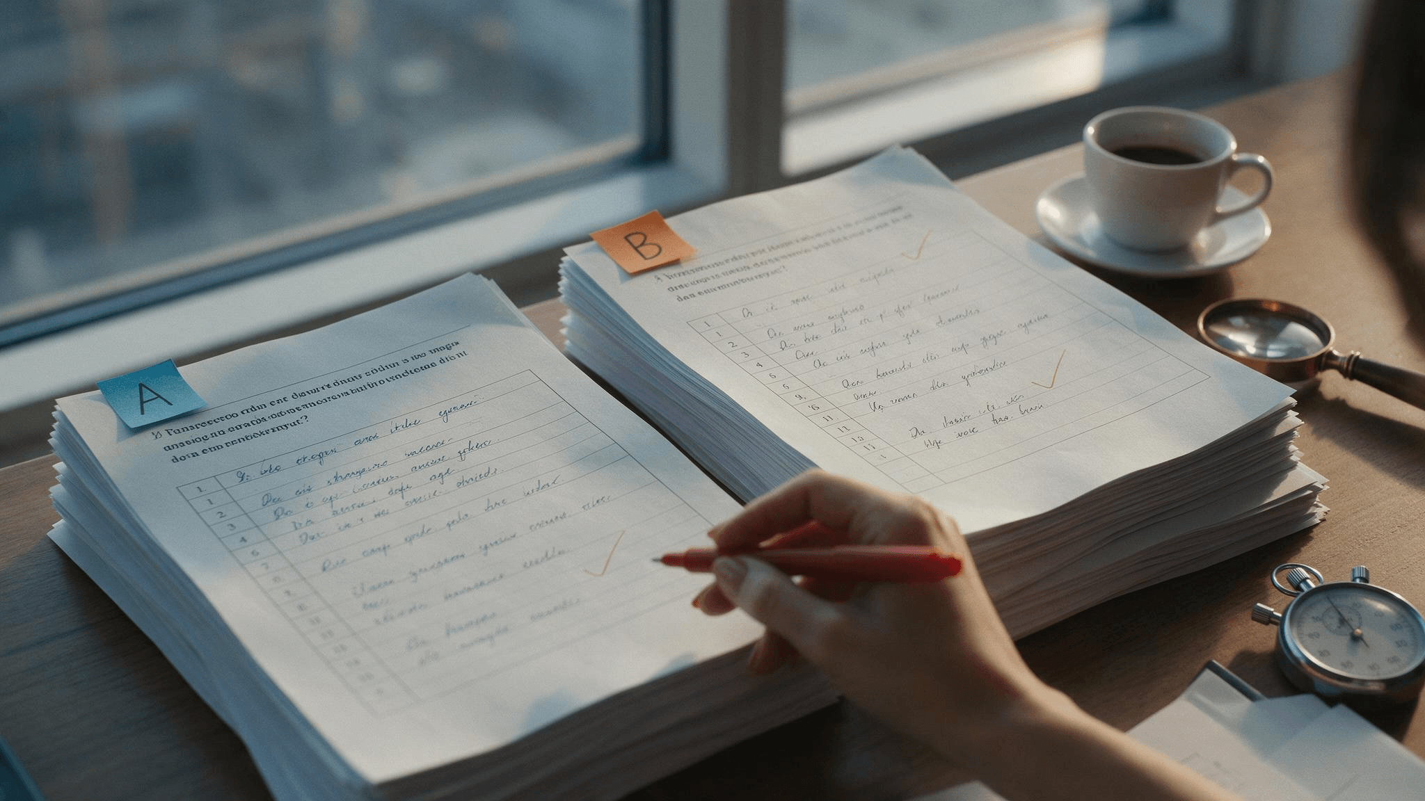 Photorealistic desk scene with two stacks of printed answer sheets labeled A and B, a hand holding a red marking pen between them, a coffee cup and a stopwatch, used as the hero image for a DeepSeek vs ChatGPT comparison