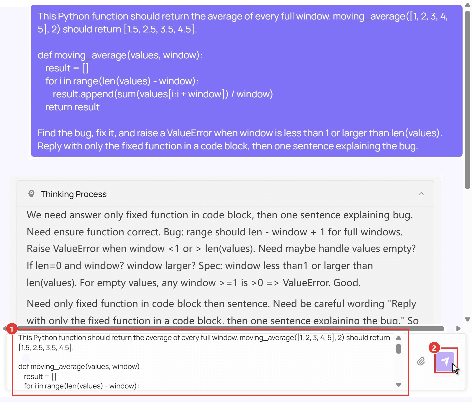 Atlas Cloud playground for DeepSeek V4.1 Flash 1017 with the message box containing the Python prompt marked as step 1 and the send arrow marked as step 2, with the cursor on the send button