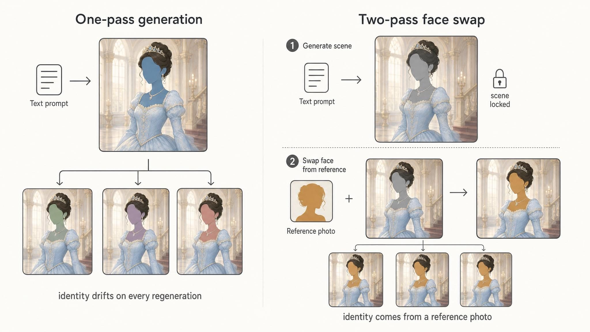 Diagram comparing one-pass generation and two-pass face swap AI methods