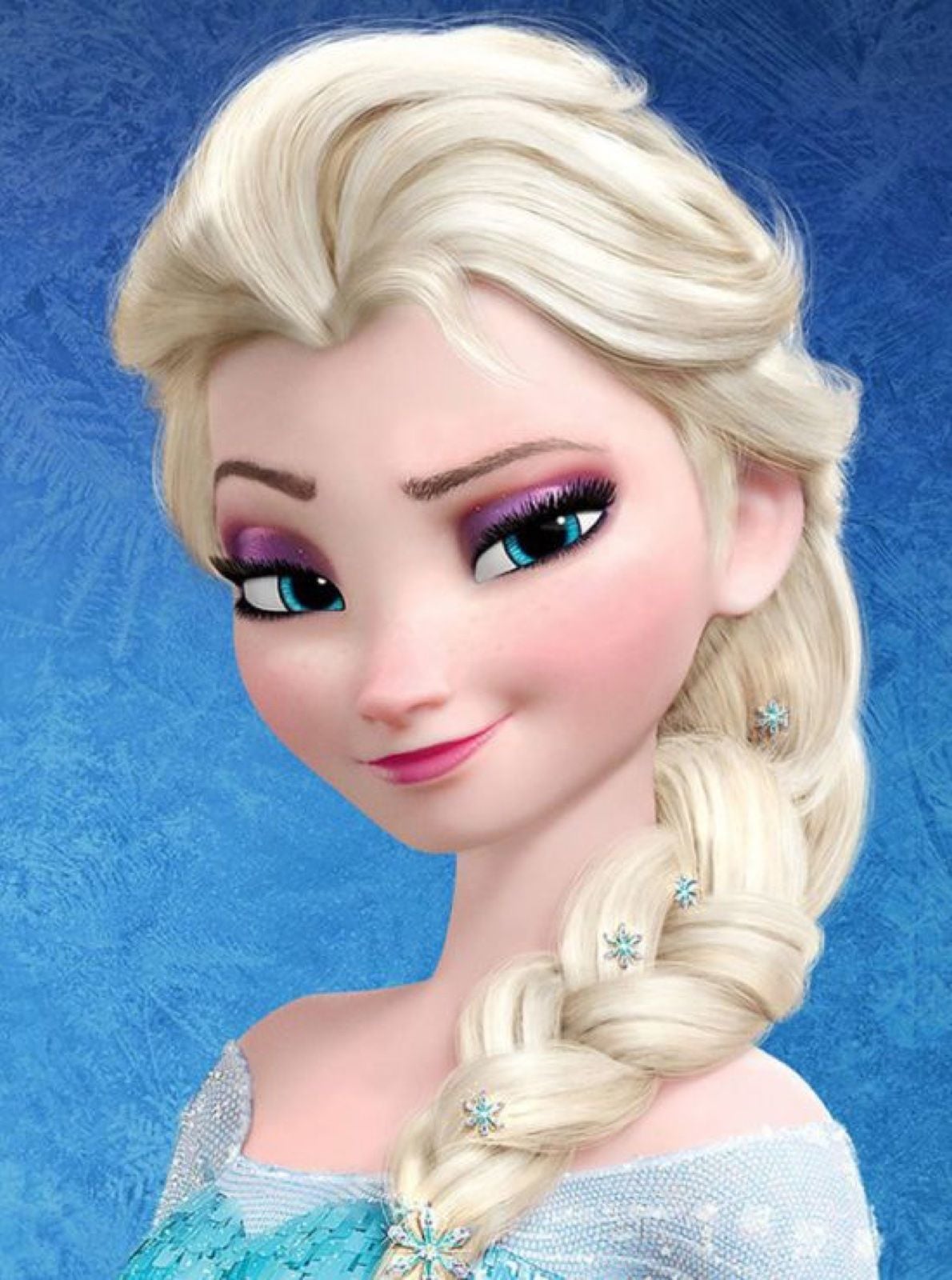 Elsa from Frozen with blonde braided hair smiling against a blue background