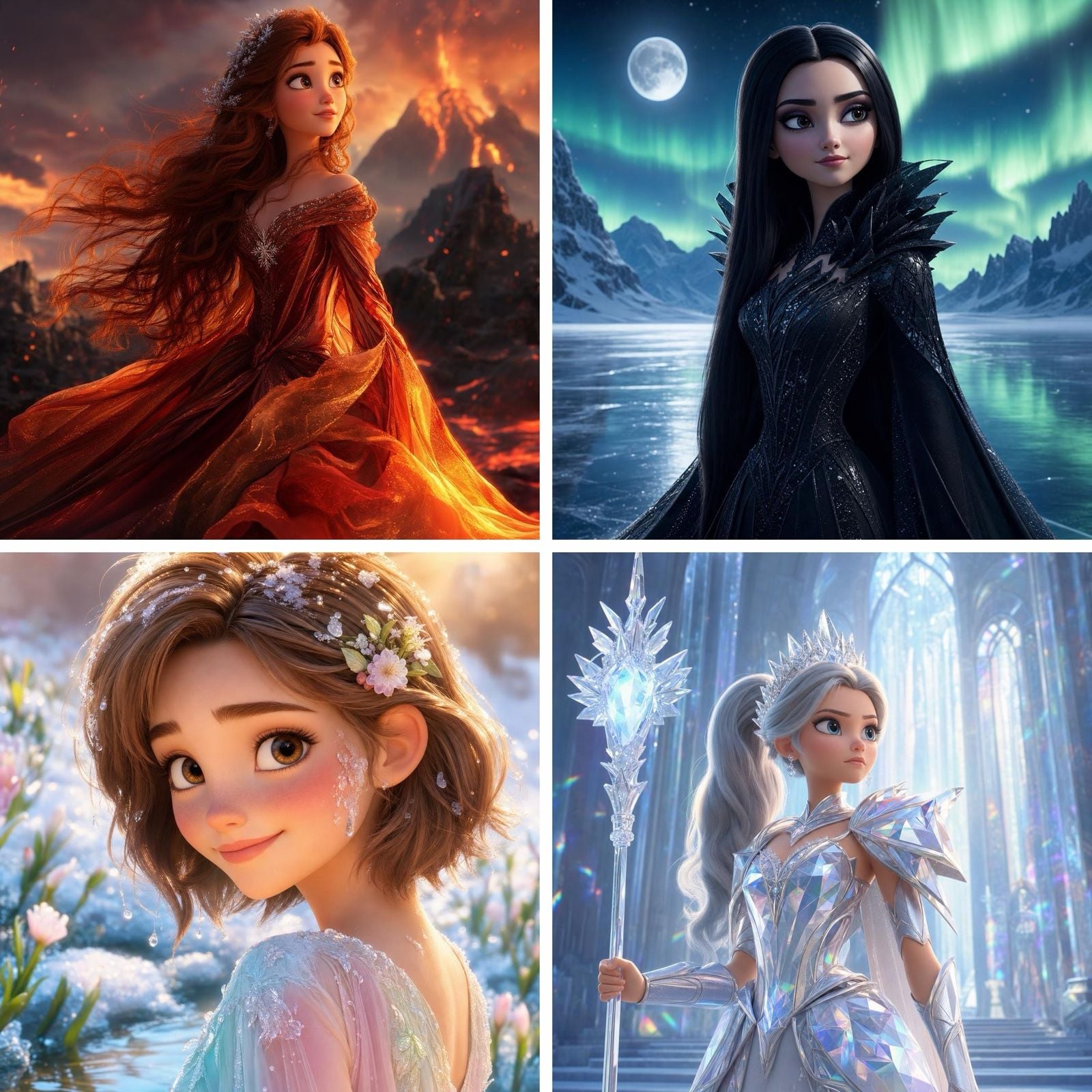 Four animated fantasy queens representing fire, night, spring, and ice