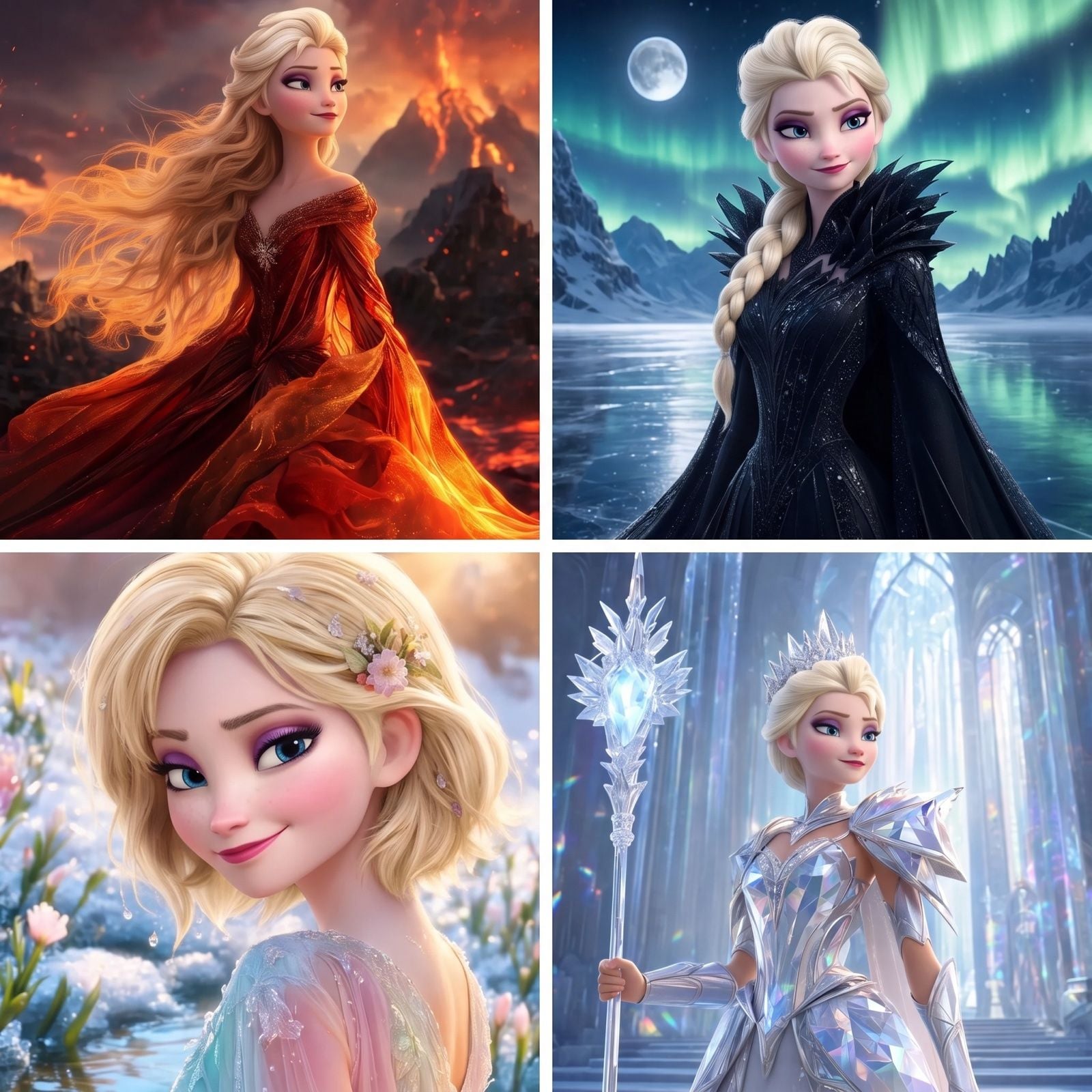 Four stylized portraits of Elsa from Frozen in different elemental themes