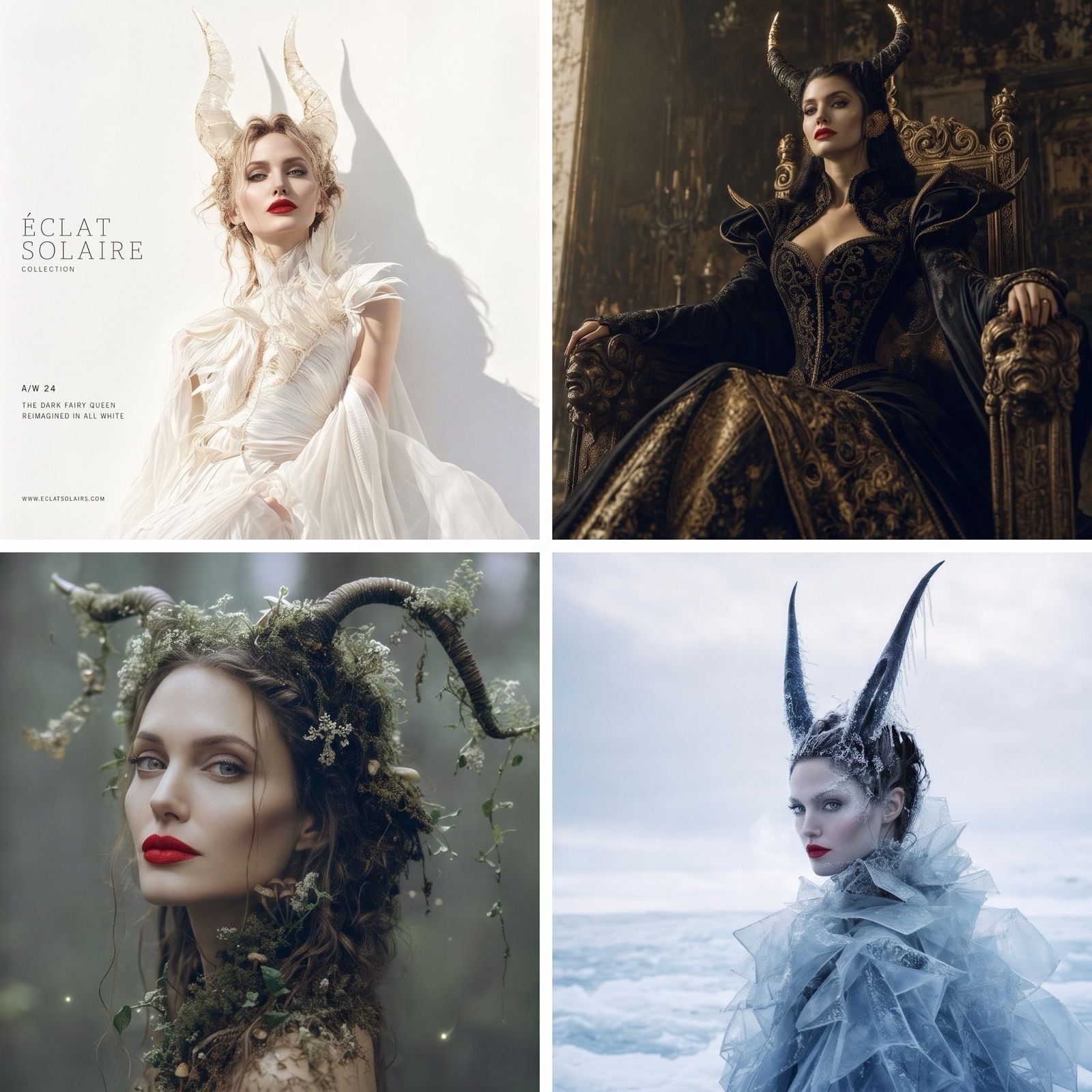 Four portraits of a horned queen in white, gold, forest, and ice