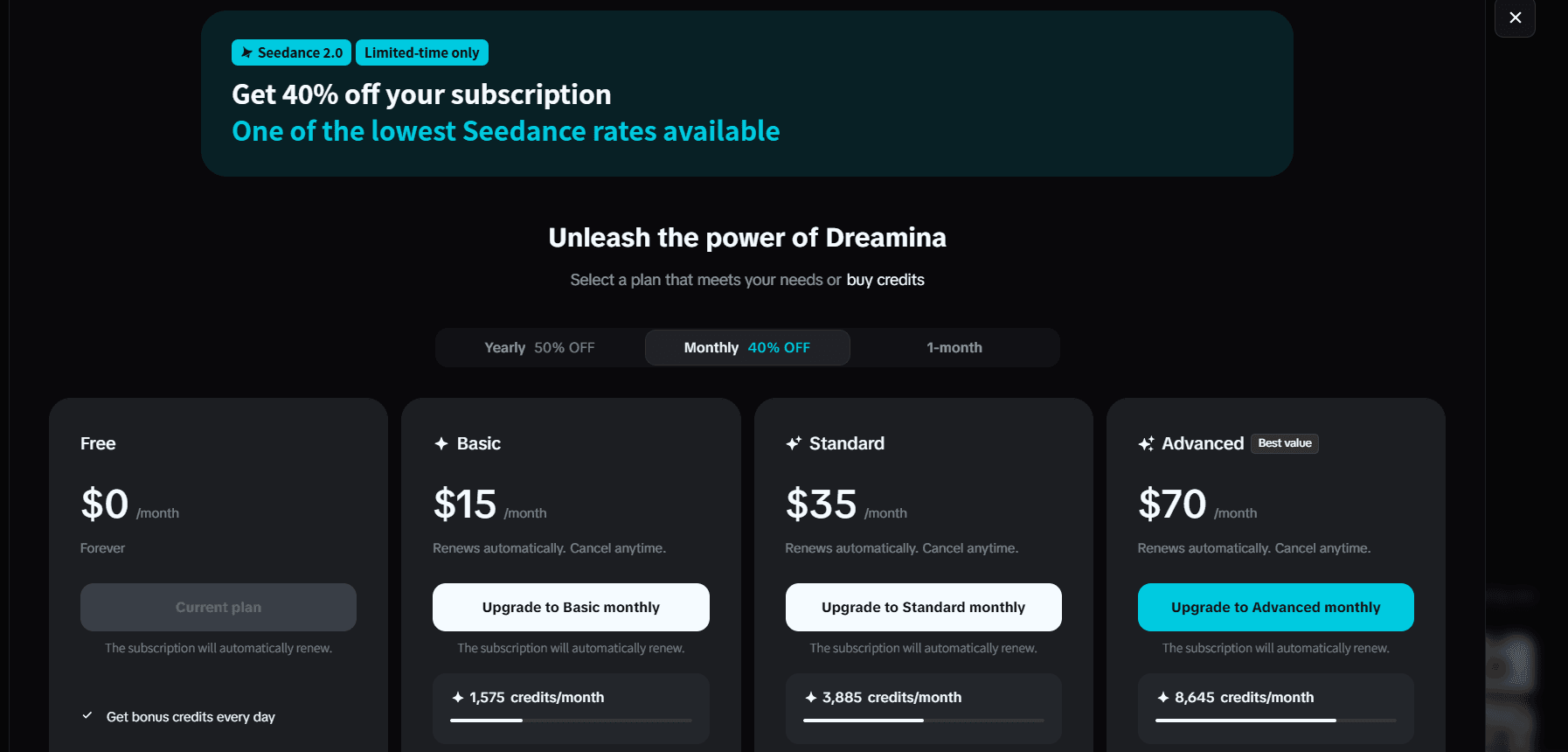 Dreamina web subscription tiers showing Free, Basic $15, Standard $35, and Advanced $70 monthly plans with credit allocations for Seedance AI video generation