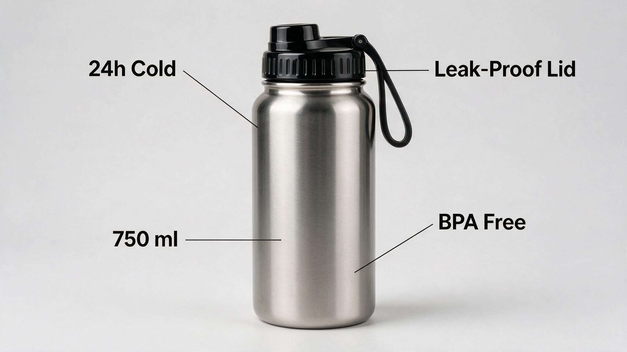 Seedream 5.0 Pro selling-point card result showing the stainless steel bottle with four labeled callouts, "24h Cold", "Leak-Proof Lid", "750 ml", and "BPA Free", positioned around the product on a light-gray studio backgroun