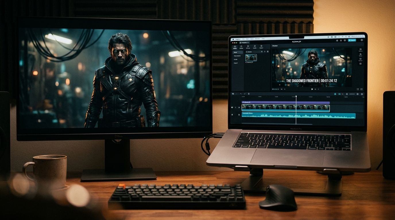 Split view showing raw PixVerse video clip on left and same clip inside CapCut timeline with captions and music track on right