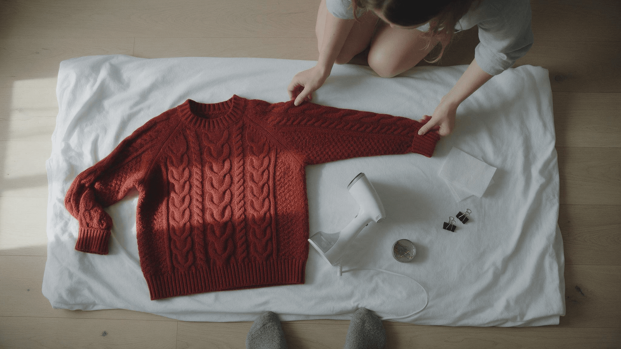 Overhead flat lay clothing photography in progress at home: a woman's hands pin the sleeve of a rust-red cable-knit sweater lying on a white sheet on an oak floor, with a garment steamer, tissue paper, binder clips and a tin of pins beside it