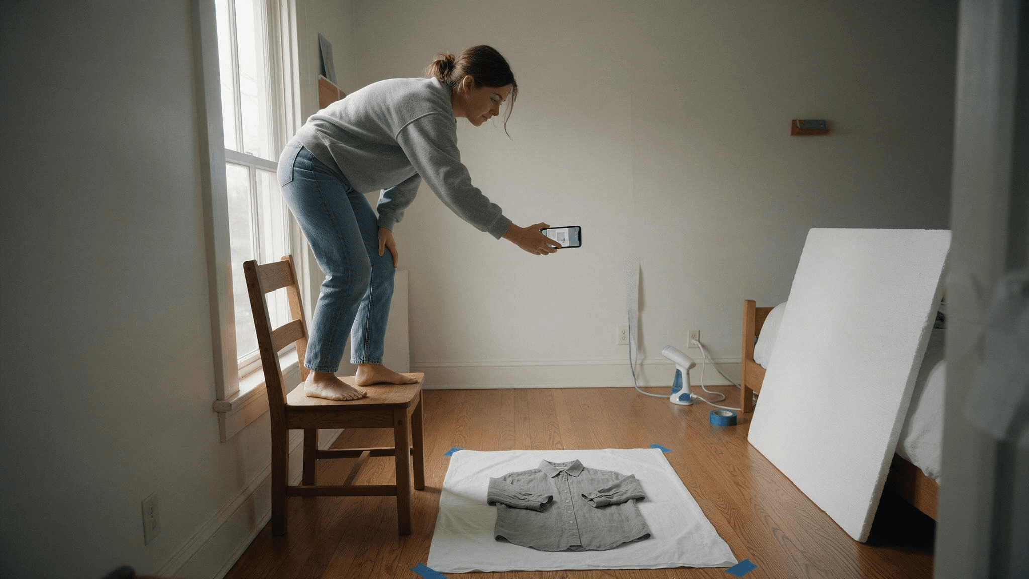 Clothing photography at home: a woman in a grey sweatshirt stands on a wooden chair holding her phone above a sage-green linen shirt laid on a white sheet taped to the floor, with a tall window on the left, a white foam board leaning against the bed and a steamer by the wall
