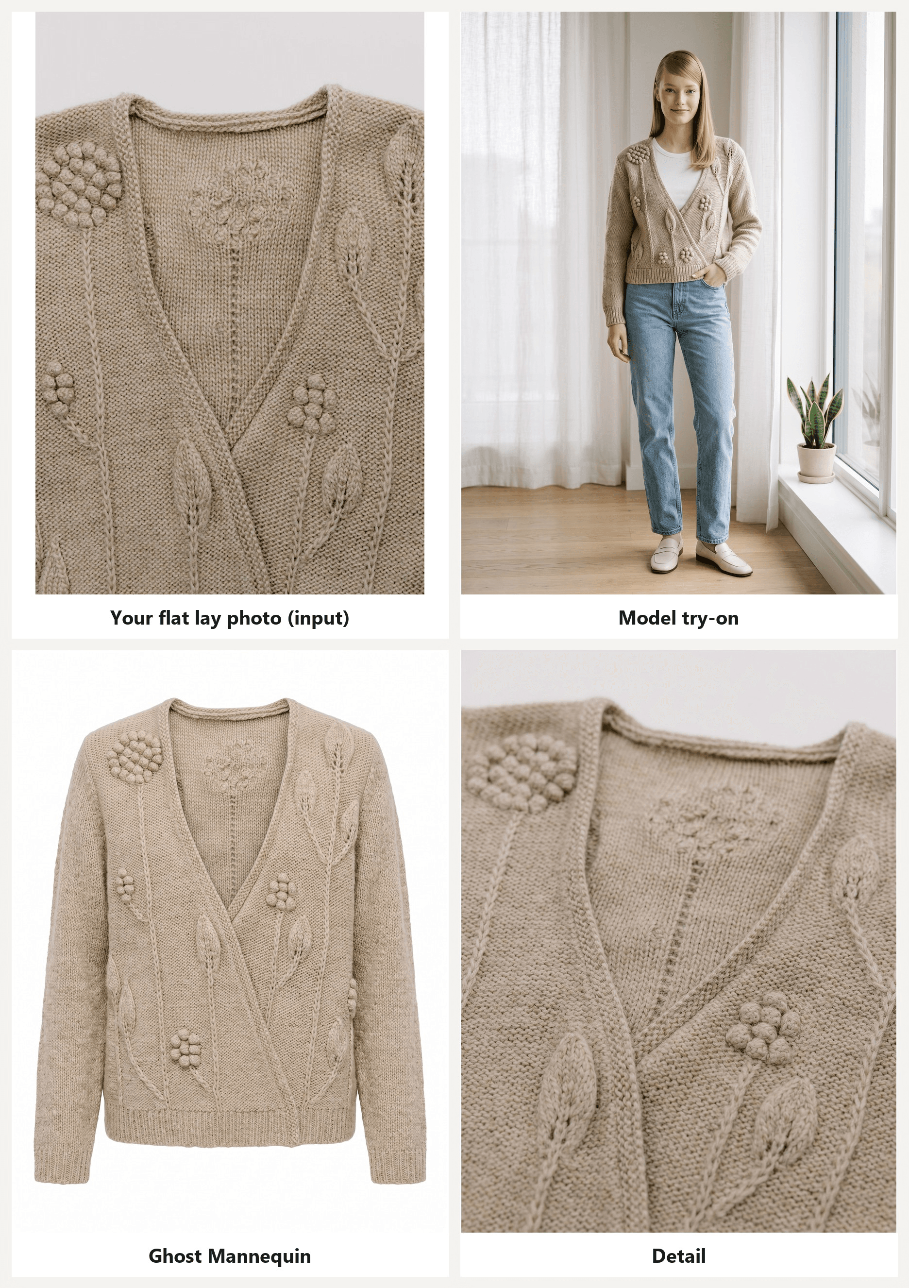 Four-panel grid for AI ecommerce fashion photography: a flat lay photo of a beige knit cardigan with embroidered flowers as the input, then three results generated from it, the cardigan worn by a blonde model standing by a window, a hollow ghost mannequin shot on white, and a close-up of the knit flowers and rib trim Input photo by Ksenia Chernaya on Pexels; the other three panels were generated from it with Apparel Photoshoot
