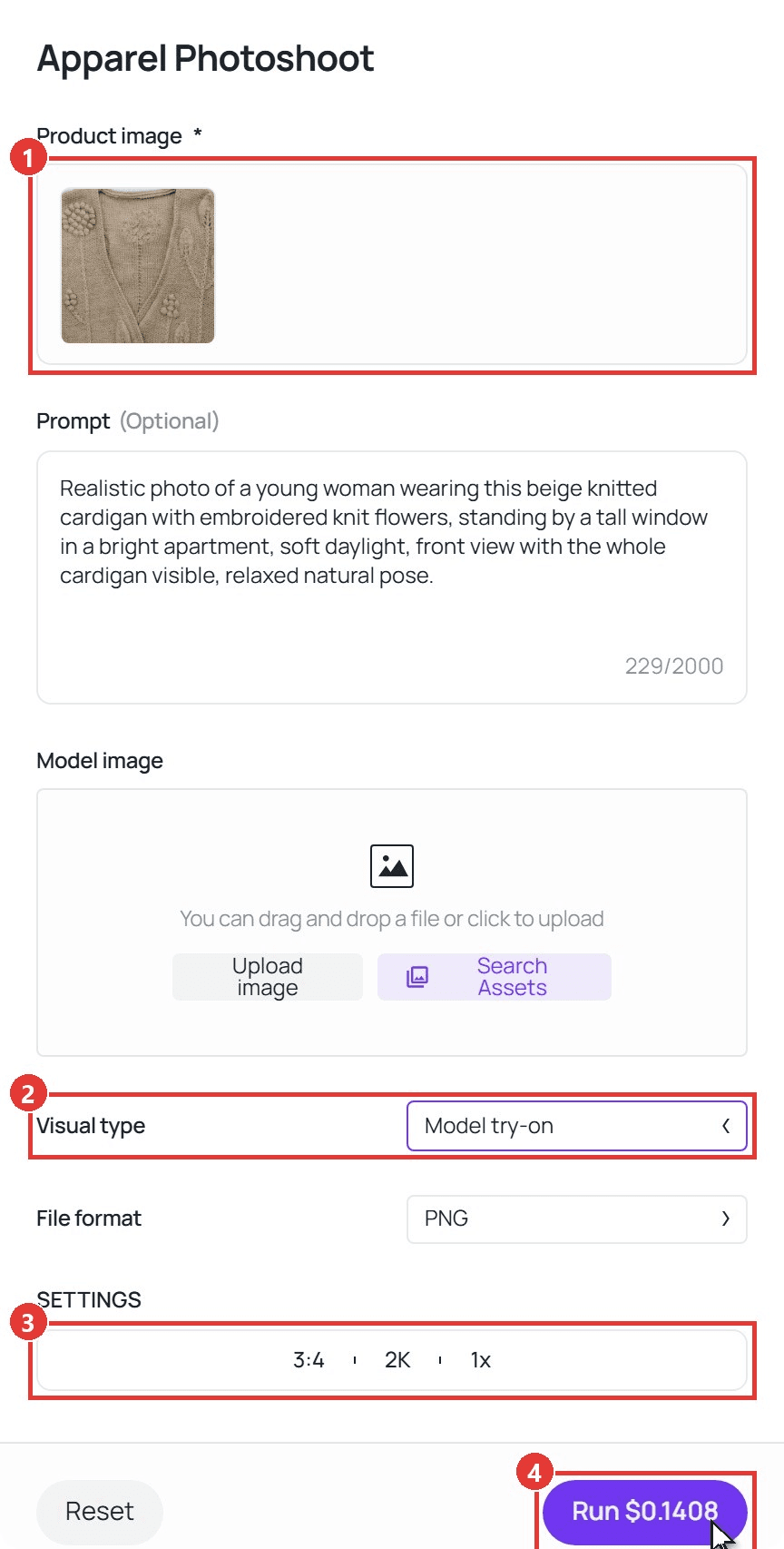 pparel Photoshoot workflow form with the cardigan flat lay uploaded, showing the four controls to use in order: the Product image upload, the Visual type field set to Model try-on, the Settings row at 3:4 and 2K, and the Run button