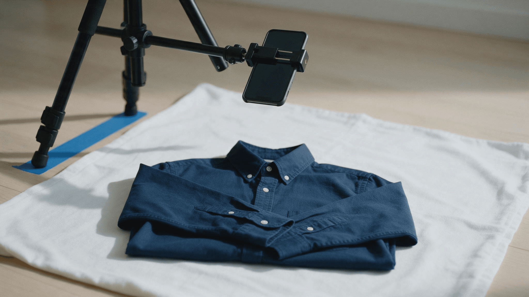 martphone clamped in a tripod with a horizontal boom arm, hanging lens-down above a navy oxford shirt laid flat on a white sheet, with a strip of blue painter's tape on the floor marking the tripod position