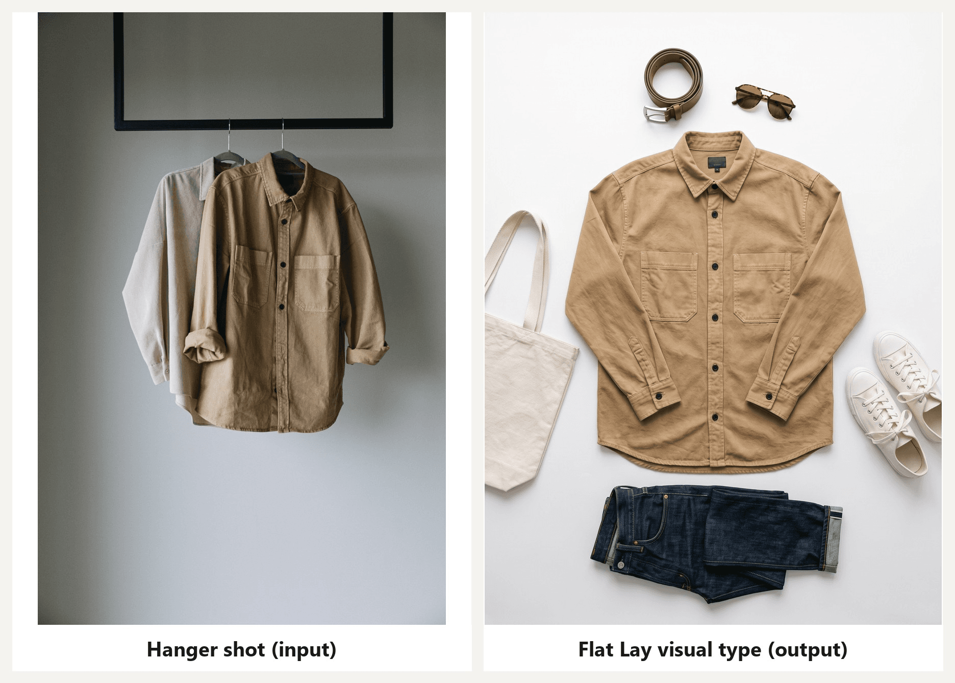 Left: a brown long-sleeve shirt hanging on a black metal rack against a plain wall; right: the same shirt laid flat on white by the Flat Lay visual type, collar open and sleeves straight, with a brown belt, tortoiseshell sunglasses, a canvas tote, dark jeans and white canvas sneakers styled around it Input photo by Ivan S on Pexels; the right panel was generated from it with Apparel Photoshoot