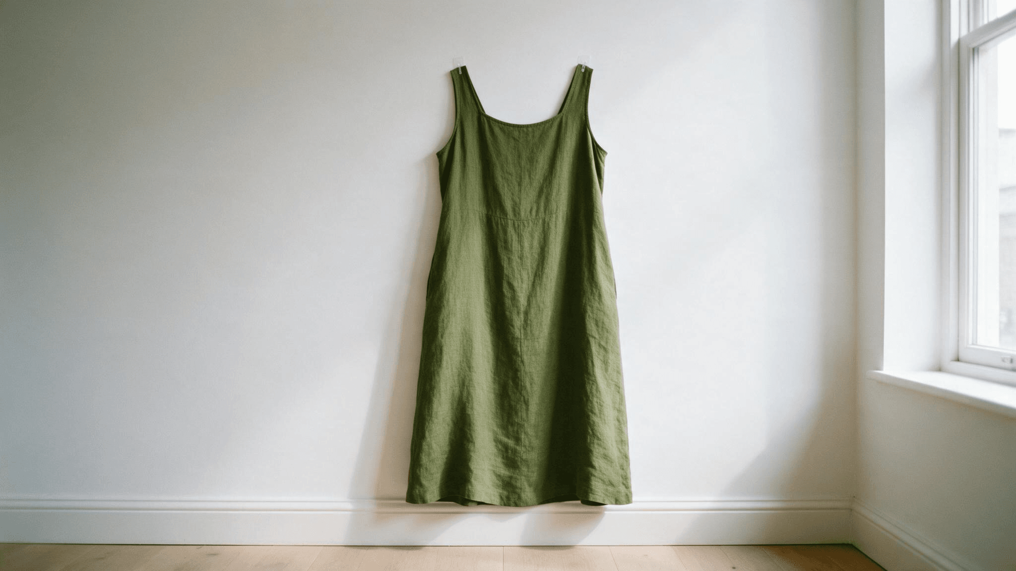 A long olive-green linen dress hanging flat against a white wall from two small hooks hidden behind the shoulders, photographed straight on from centre height, with a window on the right and a pale wood floor