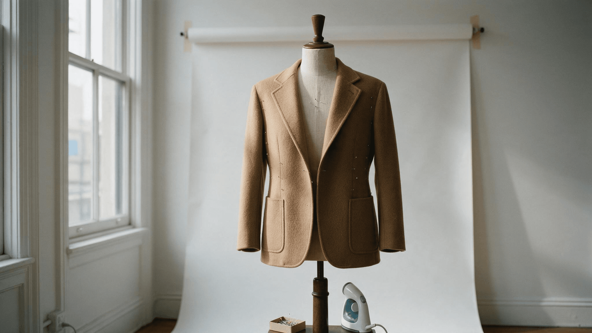 A camel wool blazer pinned at the back on a linen dress form beside a tall window, photographed straight on at chest height against a roll of white seamless paper, with a box of dressmaker pins and a handheld steamer at the base of the stand