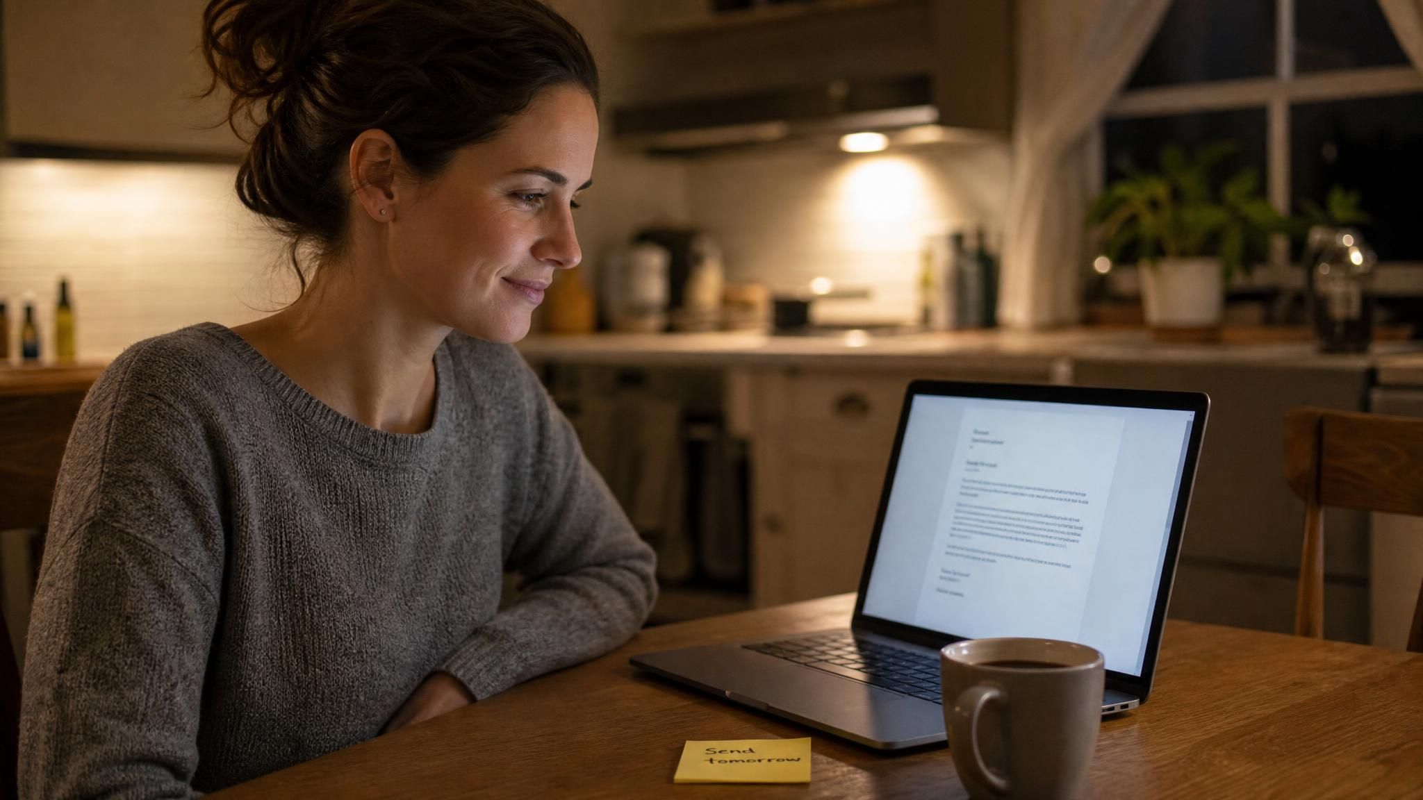 A woman at a kitchen table at night reads a finished AI resignation letter on her laptop, with a one-line handwritten brief on a sticky note beside it.