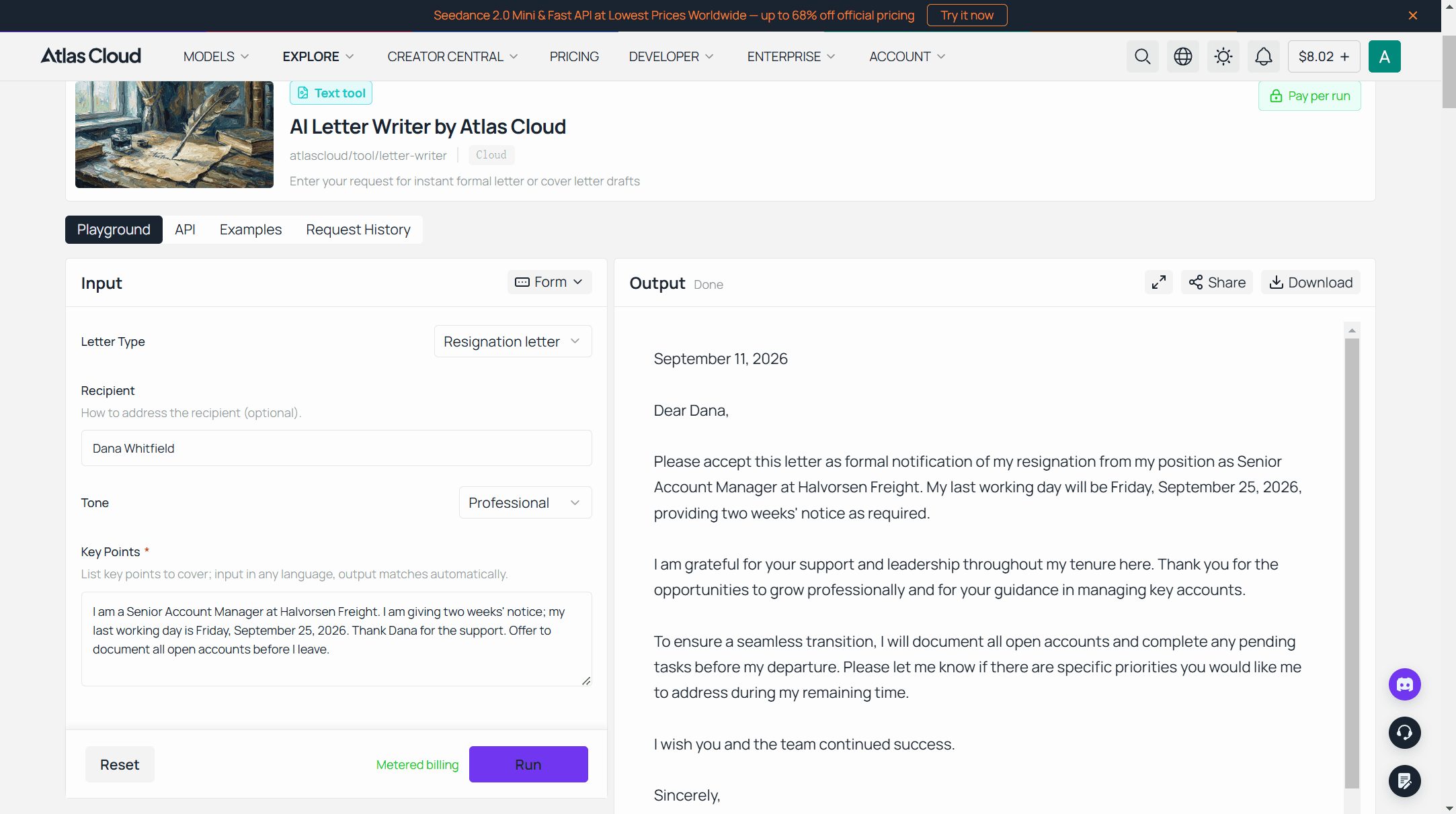 Atlas Cloud Free AI Letter Writer form with Resignation letter selected, a named recipient, a Professional tone, one sentence of key points, and the generated AI resignation letter shown with greeting, three paragraphs, and sign-off.