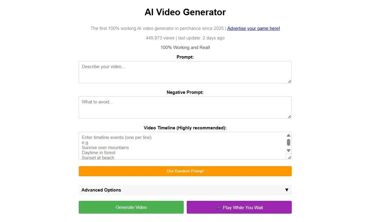 User interface of Perchance.org's unmoderated free AI video generator plugin, showing prompt fields and the Video Timeline option for detailed 2026 motion control