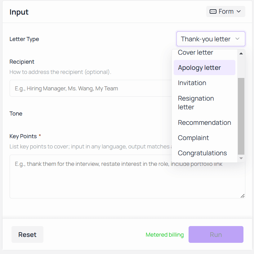 Formular des Atlas Cloud Free AI Letter Writer mit geöffnetem Menü „Letter Type“, das acht Optionen von Thank-you letter bis Congratulations auflistet, über den Feldern Recipient, Tone und Key Points.