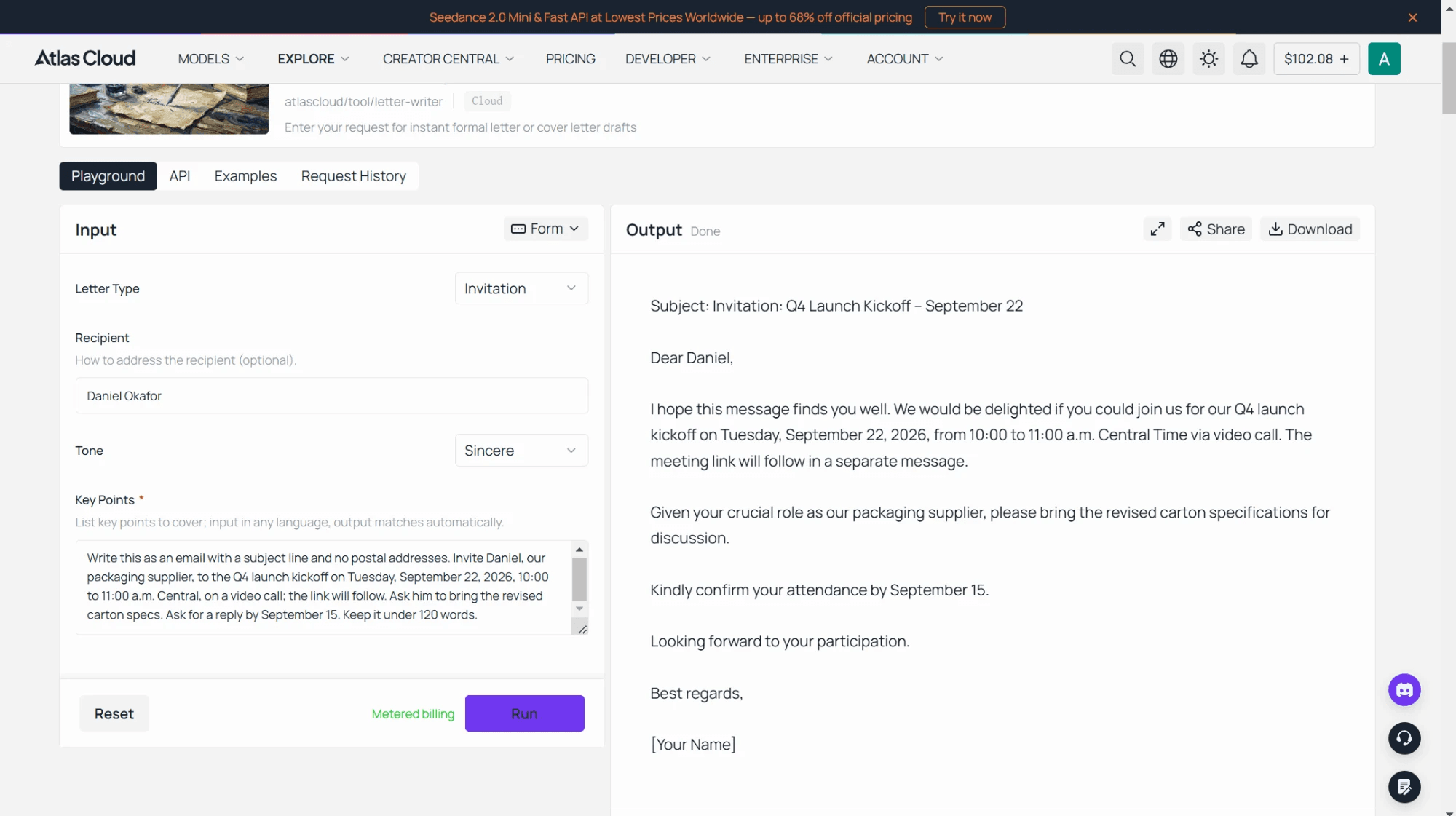 Atlas Cloud Beschwerdebrief-Generator mit ausgewählter Option Complaint, einem Kundendienstleiter als Empfänger, einem Professional-Ton, sechs Sätzen als wichtige Punkte zu einer Spülmaschine, die nicht mehr entwässert, und dem vollständig generierten formellen Beschwerdebrief.