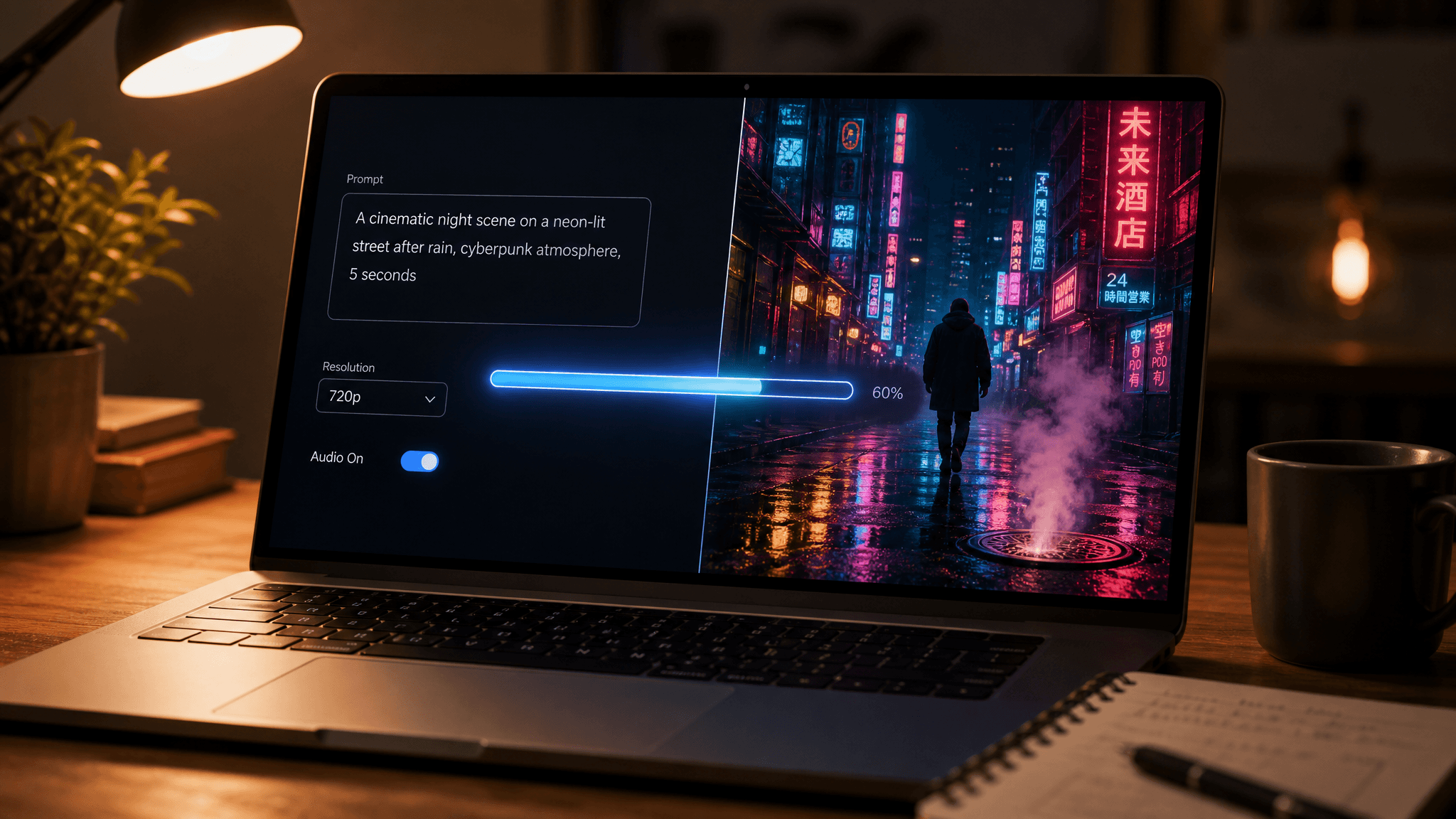 Illustration of the PixVerse workflow from typed prompt on the left side of a laptop screen to a rendered neon-lit street video frame on the right, connected by a progress bar.