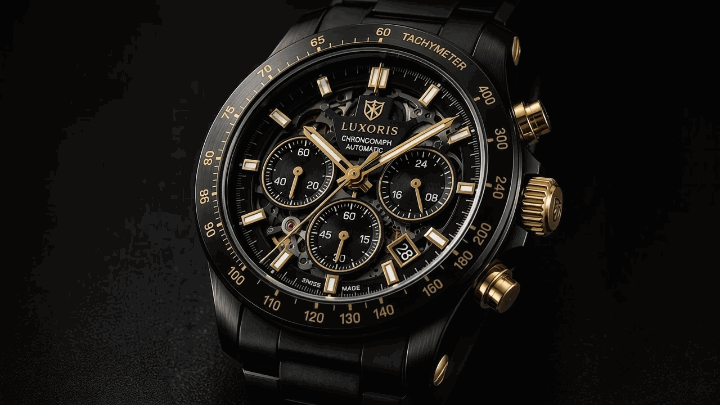 Gemini Omni Flash 1.1 5-Part Prompt Formula: a smooth 15-degree orbital camera motion of a black luxury chronograph watch