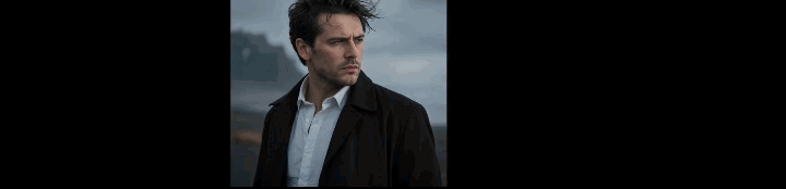 Demonstration of Gemini Omni Flash 1.1 first-to-last frame animation: a 5-second dolly push-in from a wide black sand beach landscape to a close-up portrait of a man in a black coat