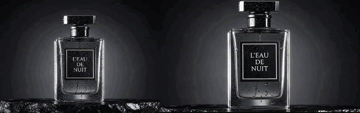 Demonstration of Gemini Omni Flash 1.1 first-frame animation: orbital camera rotation and condensation dripping on a luxury perfume bottle